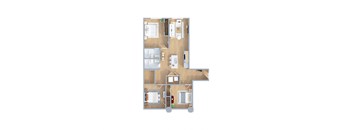 A floor plan of a house with a kitchen, living room, dining room, and two bedrooms.