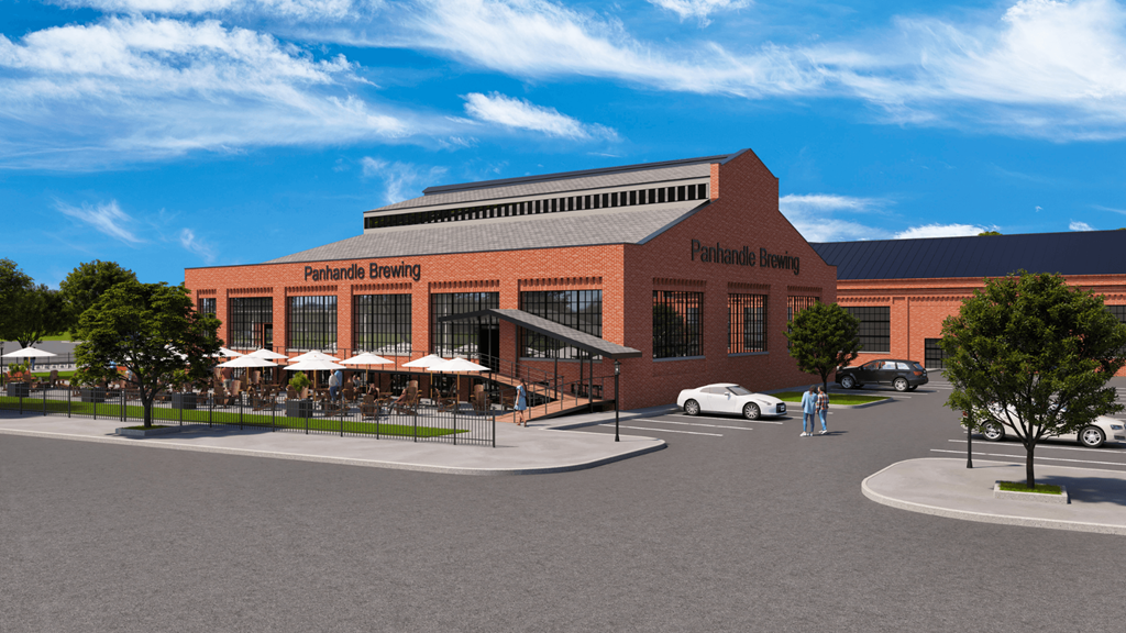 a rendering of the front of a brick building with umbrellas