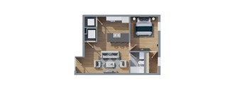 A top-down view of a living room with a couch, coffee table, and television.