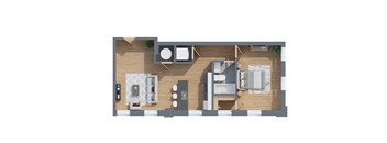 A top down view of a house layout with a kitchen, living room, and bathroom.