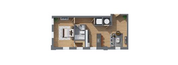 A top-down view of a living room with a couch, a coffee table, and a television.