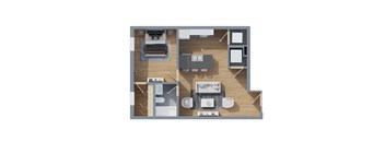 A floor plan of a small apartment with a kitchen, living room, and bathroom.