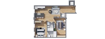 A top-down view of a small apartment with a kitchen, living room, and bedroom.