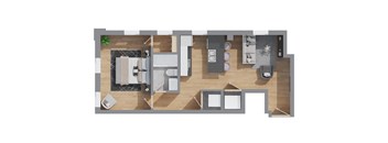 A top-down view of a modern apartment layout.