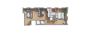 A top down view of a house layout with a kitchen, living room, dining room, and bedrooms.