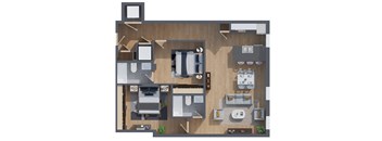 A top-down view of a house layout with a kitchen, living room, and two bedrooms.