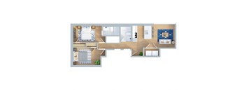 A floor plan of a house with a bedroom, living room, kitchen, and bathroom.