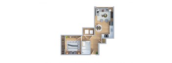 A floor plan of a house with a kitchen, living room, and two bedrooms.