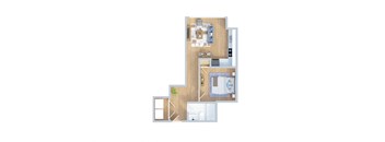 A floor plan of a house with a kitchen, living room, and two bedrooms.