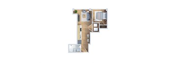A floor plan of a small apartment with a kitchen, living room, and bathroom.