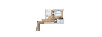 A floor plan of a house with a kitchen, living room, and two bedrooms.