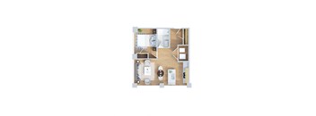 A floor plan of a small apartment with a kitchen, living room, and bathroom.