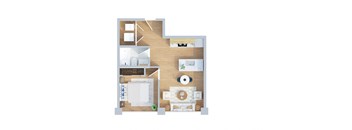 A floor plan of a house with a kitchen, living room, and dining area.