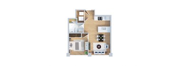 A floor plan of a house with a kitchen, living room, dining room, and two bedrooms.