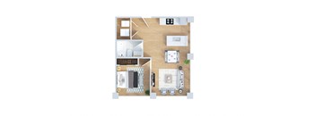 A floor plan of a house with a kitchen, living room, dining room, and two bedrooms.