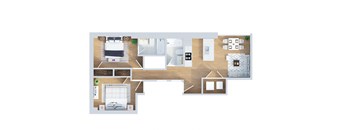A floor plan of a house with a kitchen, living room, dining room, and two bedrooms.