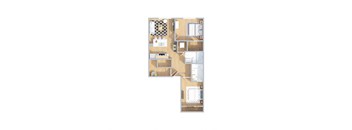 A floor plan of a house with a kitchen, living room, and two bedrooms.
