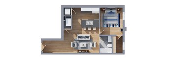 A top down view of a living room with a couch, coffee table, and television.