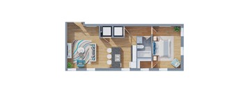 A top-down view of a room with a couch, chairs, a table, and a potted plant.