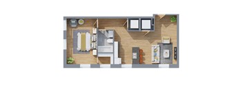 A top-down view of a living room with a couch, a coffee table, and a television.