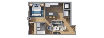 A top-down view of a room with a bed, a couch, a dining table, and a kitchenette.