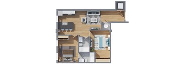 A floor plan of a house with a kitchen, living room, and two bedrooms.