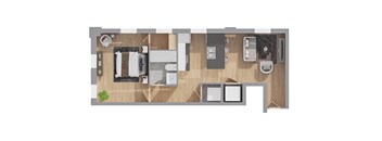 A top down view of a small apartment with a kitchen, living room, and bedroom.
