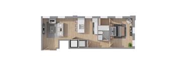 A top-down view of a kitchen with a dining table and chairs.
