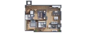 A top-down view of a house layout with a kitchen, living room, dining area, and bedrooms.
