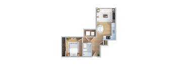 A floor plan of a house with a kitchen, living room, and two bedrooms.