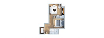 A floor plan of a house with a kitchen, living room, and two bedrooms.