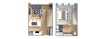 a stylized floor plan of a house with a bedroom and a living room