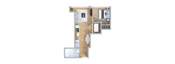 A floor plan of a house with a kitchen, living room, and two bedrooms.
