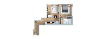 A floor plan of a house with a kitchen, living room, and two bedrooms.
