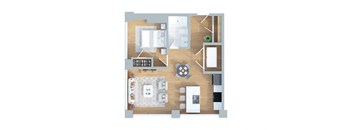 A top-down view of a living room with a dining area, kitchen, and a small bedroom.