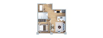 A floor plan of a house with a kitchen, living room, dining room, and bathroom.
