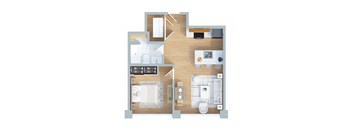 A floor plan of a house with a kitchen, living room, dining room, and bathroom.