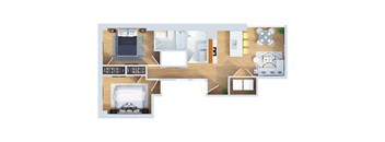 A floor plan of a house with a kitchen, living room, and two bedrooms.