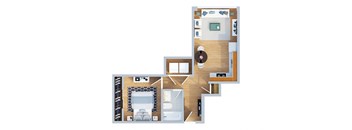 A floor plan of a house with a kitchen, living room, and bathroom.