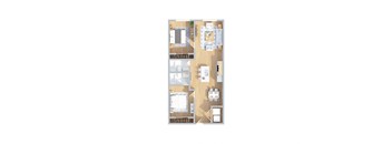 A floor plan of a house with a living room, two kitchens, and a dining room.