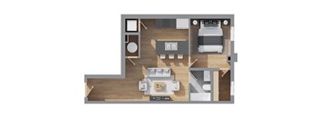 A top down view of a bedroom with a bed, nightstand, and a table with chairs.