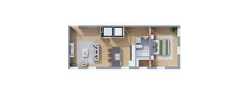 A top-down view of a house layout with a kitchen, living room, and dining area.