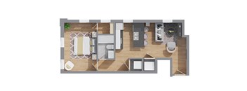 A top-down view of a modern apartment layout with a kitchen, living room, and bathroom.