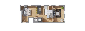 A top-down view of a house layout with a kitchen, living room, and bathroom.