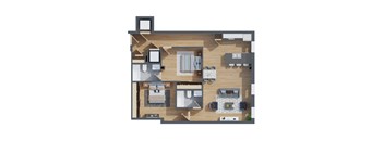 A top-down view of a house layout with a kitchen, living room, and bedrooms.