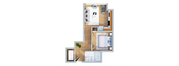 A top-down view of a small apartment with a kitchen, living room, and bathroom.
