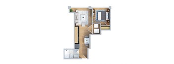 A floor plan of a house with a kitchen, living room, and two bedrooms.