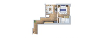 A floor plan of a house with a kitchen, living room, and two bedrooms.