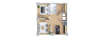 A top-down view of a kitchen and dining area with a table set for four.