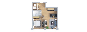 A top down view of a living room, kitchen, and dining area.